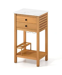 Sugift Patio Acacia Wood Storage Cabinet Buffet Bar Table with Faux Marble Countertop