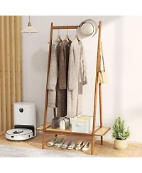 Gouun Bamboo Clothes Rack with Rattan Shelf and Copper Hooks