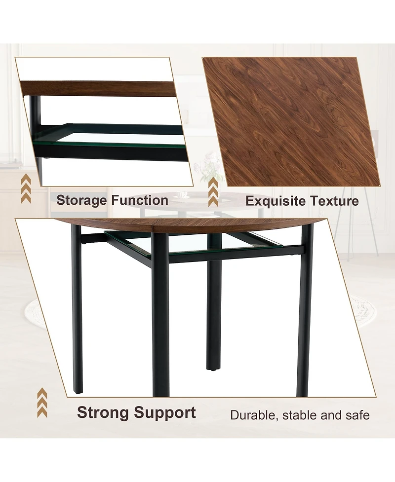 Rainsken 42" Round Dining Table with Wood-Grain Mdf Top and Glass Inlay, Minimalist Table with Storage Shelf for Small Spaces