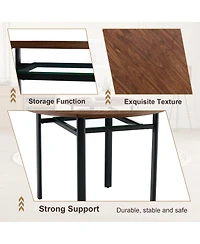 Rainsken 42" Round Dining Table with Wood-Grain Mdf Top and Glass Inlay, Minimalist Table with Storage Shelf for Small Spaces