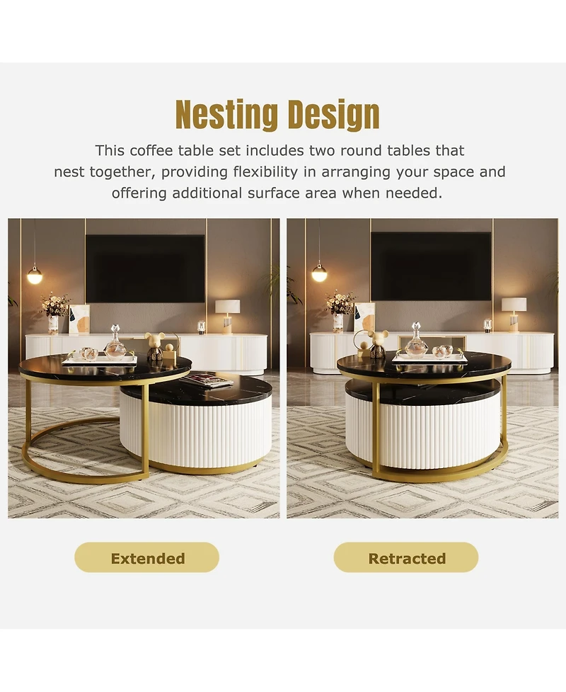 Rainsken Modern Round Nesting Coffee Table Set, Center Table with Drawers, Decorated with Grooves for Living Room and Home Office