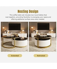 Rainsken Modern Round Nesting Coffee Table Set, Center Table with Drawers, Decorated with Grooves for Living Room and Home Office