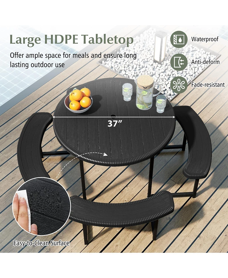 Sugift Round Picnic Table Bench Set with 4 Benches and Umbrella Hole for Patio Outdoor