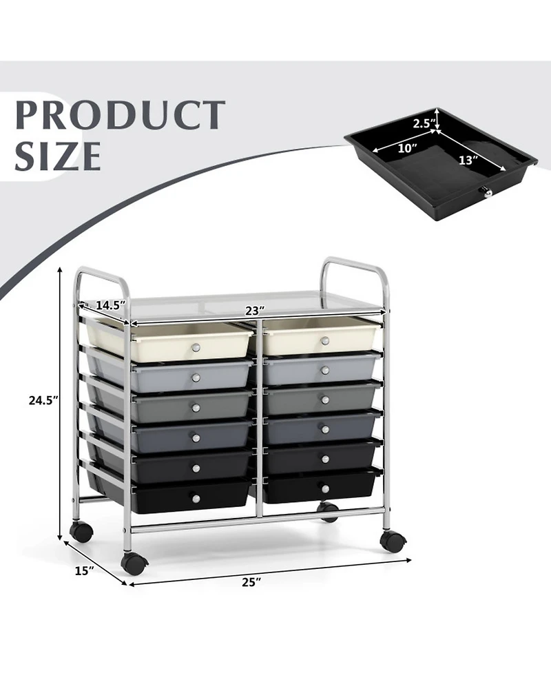Gouun 12-Drawer Mobile Storage Trolley with Visible Drawers and Dual Push Handles