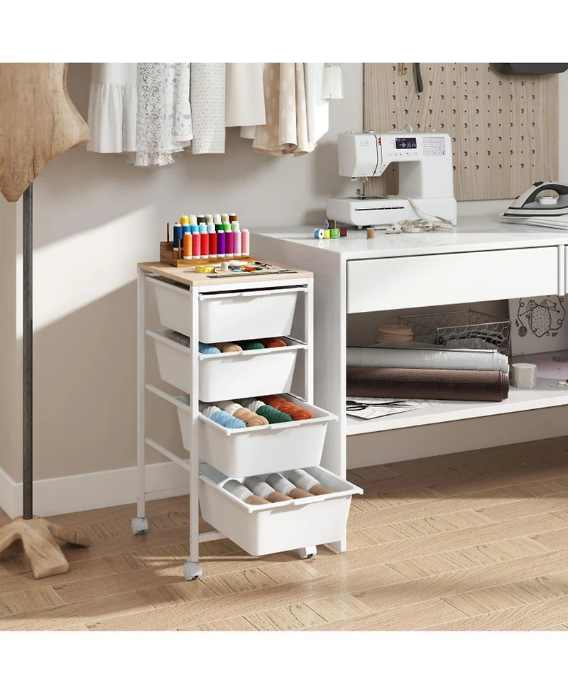 Gouun 5-Drawer Rolling Storage Cart with Wooden Tabletop, Metal Frame and Lockable Casters