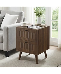 Rainsken Mid-Century Modern Nightstand Set of 2, Double-drawer Bedside Table with Solid Wood Legs for Bedroom, Home Office, Walnut