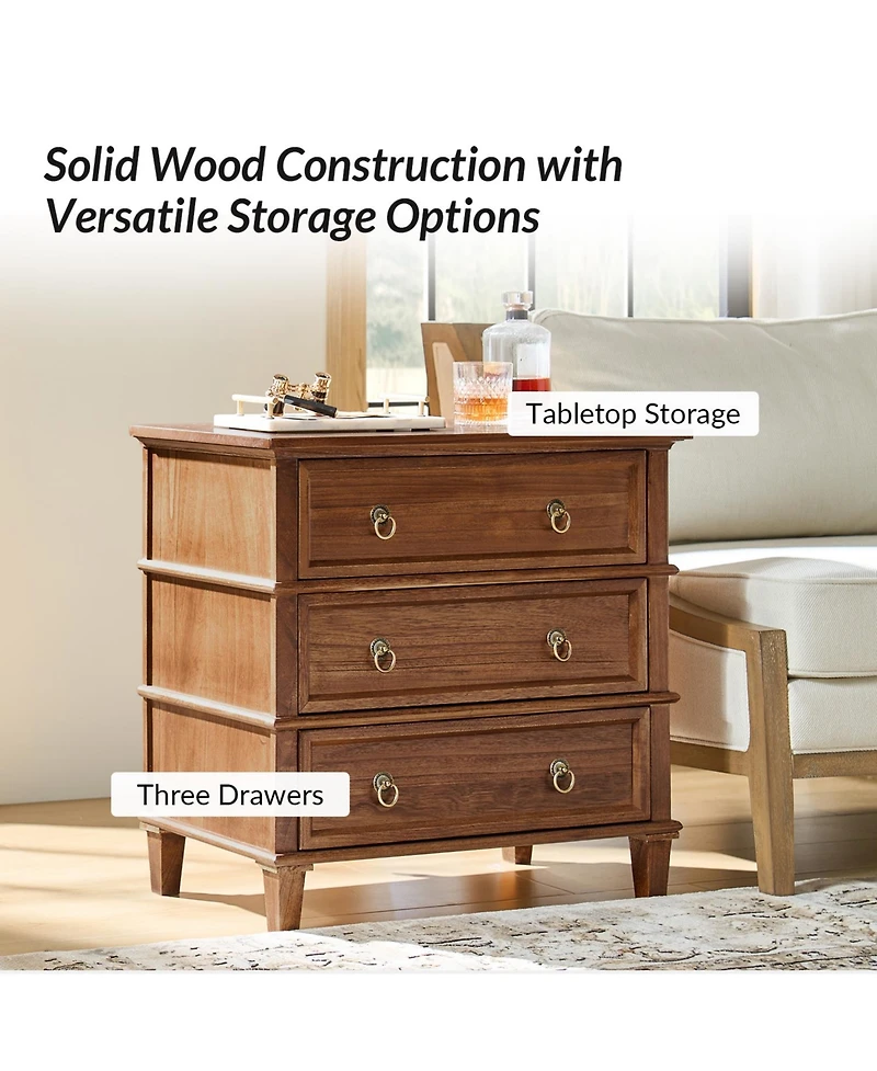 Hulala Home Allisa 28"W 3-Drawer Solid Wood End Table with Built-in Charging Station