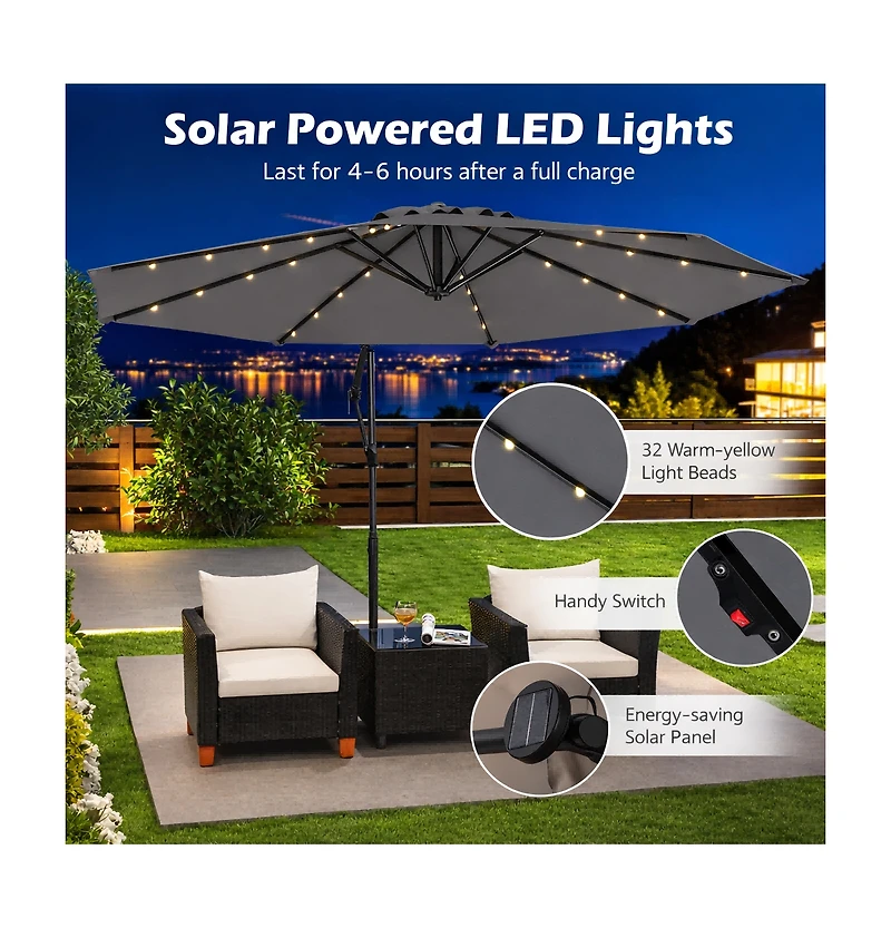 Gouun 10 ft Solar Offset Hanging Umbrella with 32 Led Lights, Base and 360 Rotation