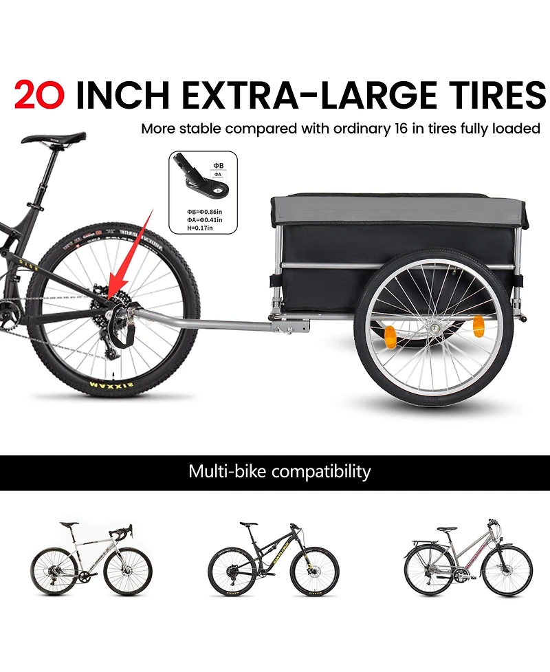 Rainsken Foldable Bike Cargo Trailer, Heavy Duty Bicycle Wagon Cart with 20'' Wheels, Removable Cover, 120 lbs Capacity for Luggage, Groceries