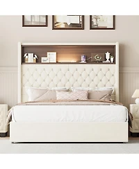 Lucky One Full Size Velvet Tufted Soft Bed Frame with Usb Port and Night Light