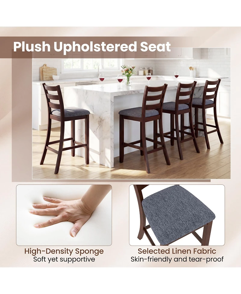 Gymax Bar Stools Set of 2 Upholstered Counter Height Barstools w/ Padded Seat Footrest and Backrest Farmhouse