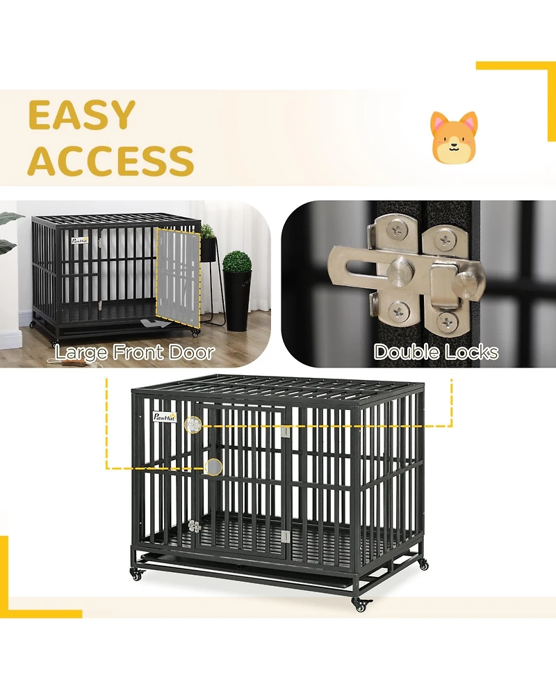 Aostirmotor Heavy Duty Metal Dog Crate Kennel with Lockable Wheels, Slide-Out Tray and Anti-Pinch Floor