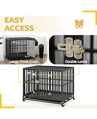 Aostirmotor Heavy Duty Metal Dog Crate Kennel with Lockable Wheels, Slide-Out Tray and Anti-Pinch Floor