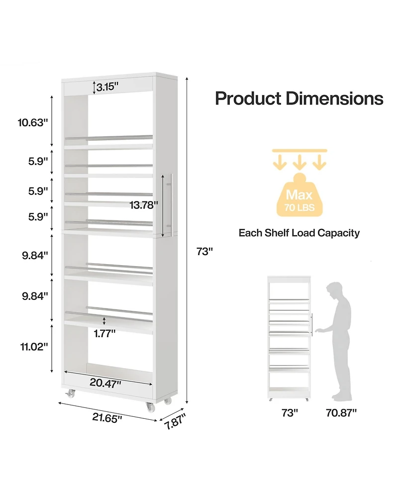 Tribesigns 73" Tall Slim Storage Cart on Wheels, 7-Tier Narrow Pantry Cabinet, Rolling Skinny Spice Rack Organizer Next to Fridge