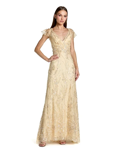 Mac Duggal Women's V Neck Flutter Sleeve Embroidered Lace Gown