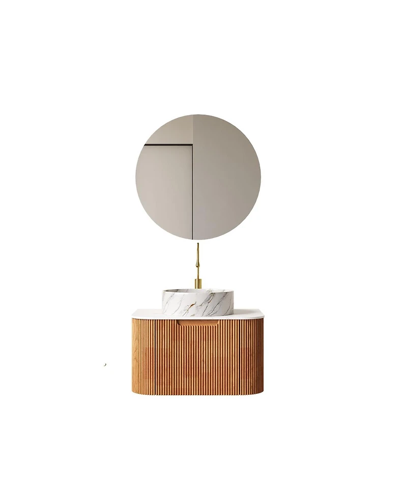 Sillysis Modern Bathroom Vanity with Stone Pattern Ceramic Basin, 3D Striped Wood Drawer, Wall Mounted Storage Cabinet