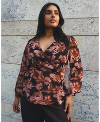 Estelle Plus Natalia Floral V-Neck Long Sleeve Peplum Top