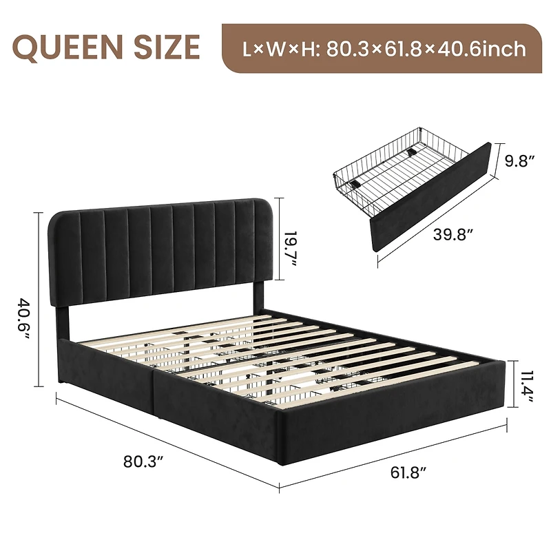 Velvetpholst Uered Platform Bed with 4 Drawers - Vertical Channel Tufted Headboard, Storage Frame, Wood, No Slats Spring, Modern Design Box