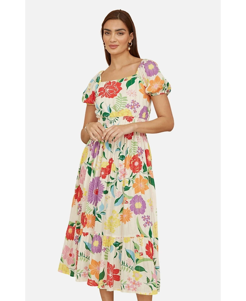 Yumi Women's Short Sleeve Square Neck Midi Dress