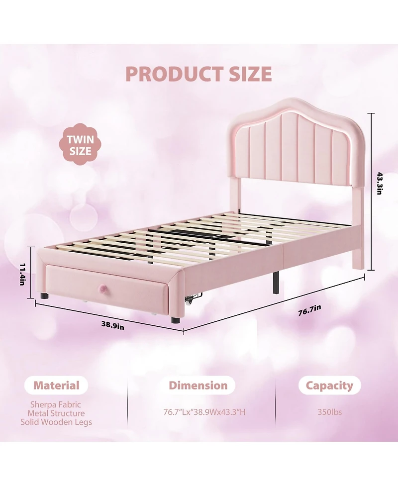 Homfan Upholstered Bed Frame with Storage Drawer and Led Headboard, Wood Slats, No Box Spring Needed