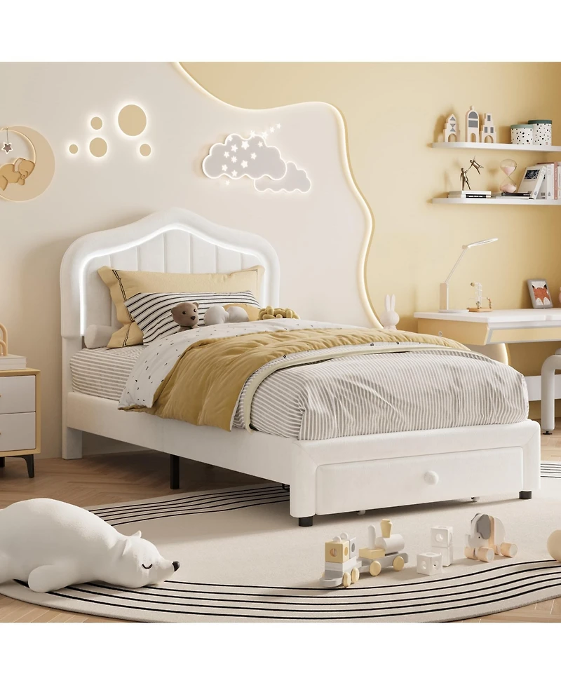 Homfan Upholstered Bed Frame with Storage Drawer and Led Headboard, Wood Slats