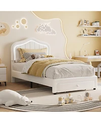 Homfan Upholstered Bed Frame with Storage Drawer and Led Headboard, Wood Slats