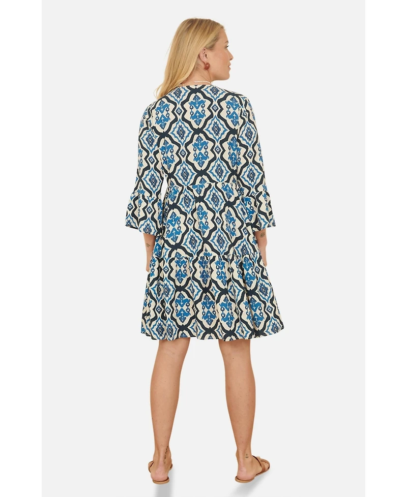 Yumi Women's Ikat Print 3/4 Sleeve Tunic Dress
