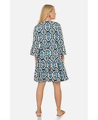 Yumi Women's Ikat Print 3/4 Sleeve Tunic Dress