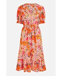 Yumi Women's Short Sleeve V-Neck Printed Midi Dress
