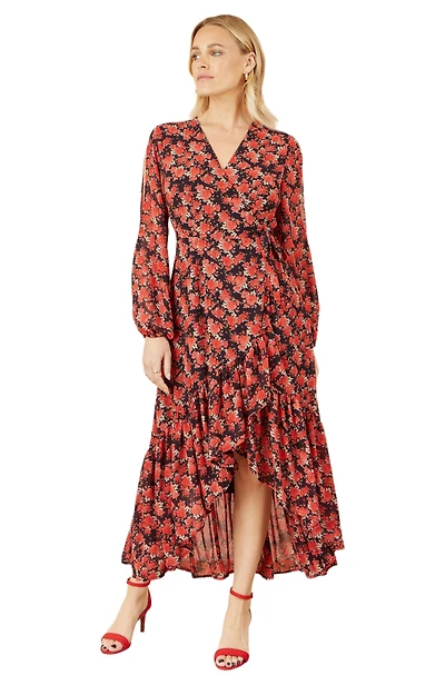 Yumi Women's Rose Print Dipped Hemline Midi Dress