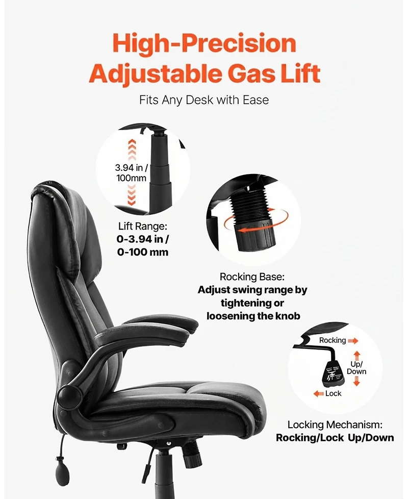 Gouun Ergonomic Executive Chair with Flip-Up Arms and Lumbar Pillow, 300 lb Capacity, Pu Leather