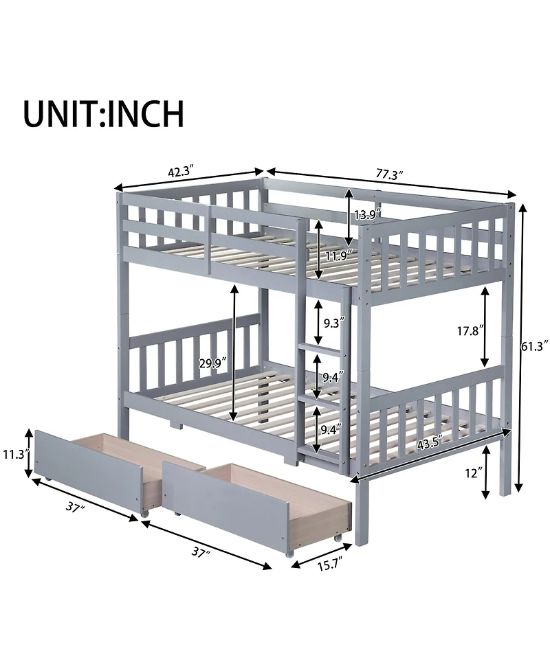 Lucky One Twin Over Twin Rubber Wood Bunk Bed with 2 Drawers, Convertible into 2 Twin Beds