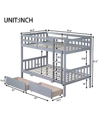 Lucky One Twin Over Twin Rubber Wood Bunk Bed with 2 Drawers, Convertible into 2 Twin Beds