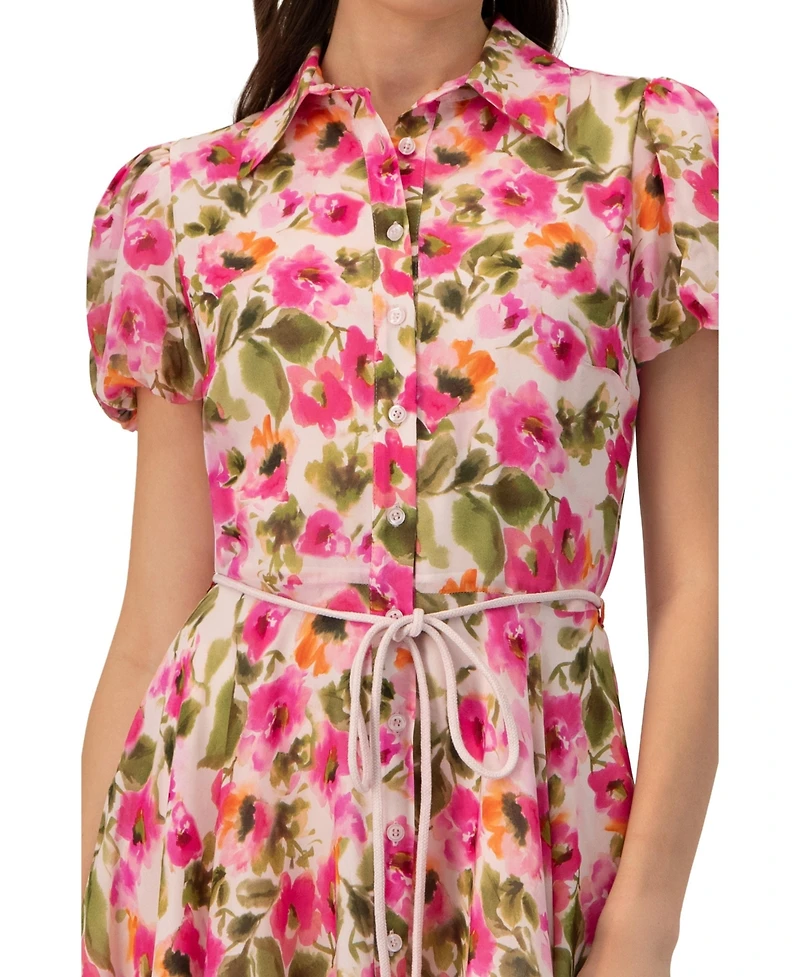 Ivonne Women's Short Floral Shirt Dress with Waist Tie