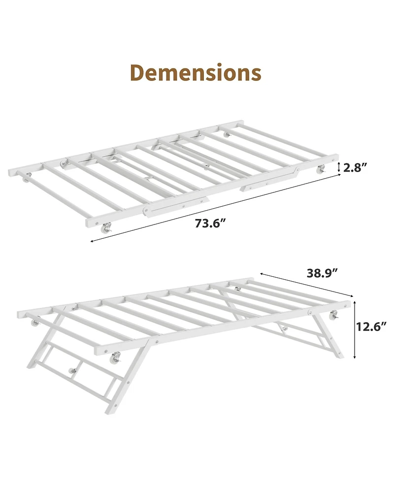 Homfan Pop Up Trundle Bed Frame with Metal Slats, Locking Casters and Folding Legs