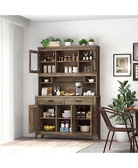 Gouun Kitchen Hutch Cabinet with Microwave Countertop and Tempered Glass Doors