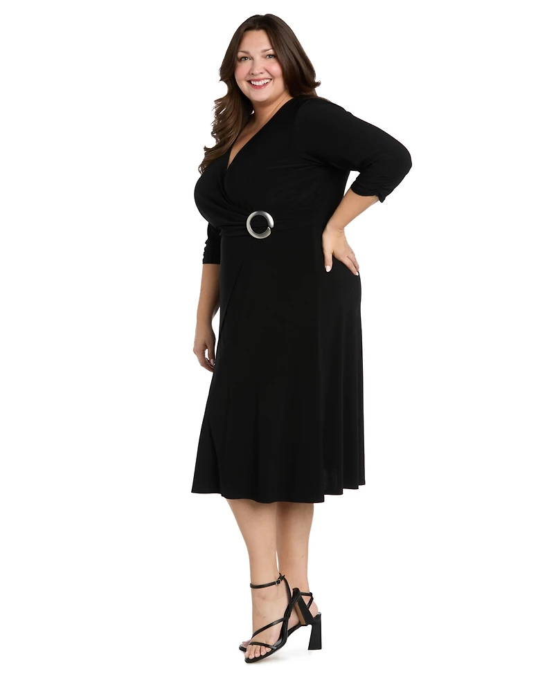 R & M Richards Plus V-Neck Side Ring Midi Dress