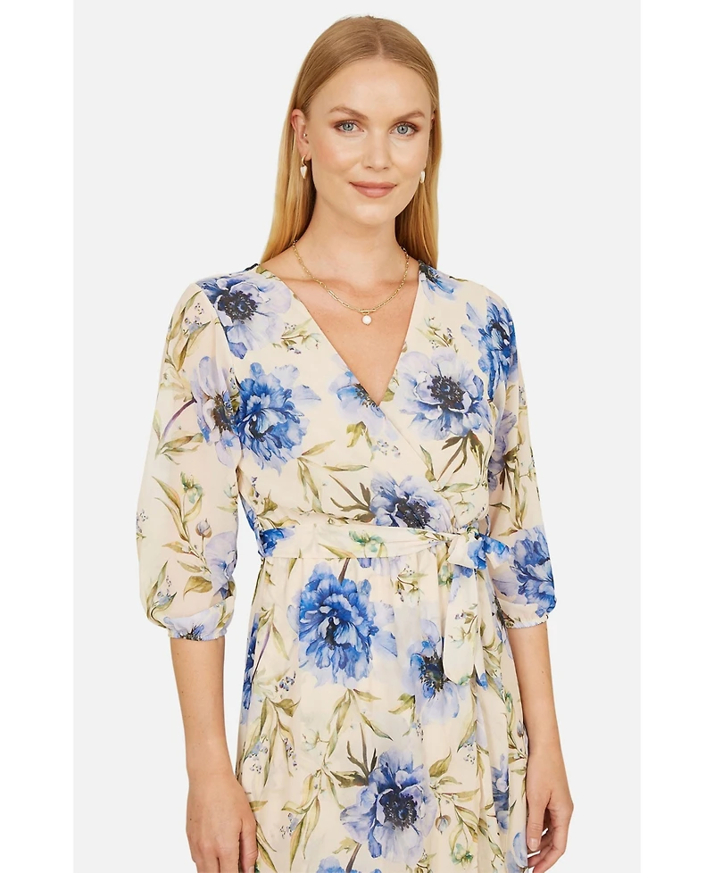 Yumi Women's 3/4 Sleeve V-Neck Wrap Midi Dress