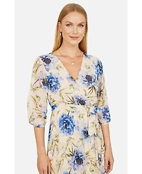 Yumi Women's 3/4 Sleeve V-Neck Wrap Midi Dress