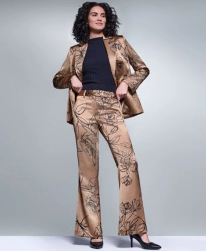 Karl Lagerfeld Paris Womens Satin Floral One Button Padded Shoulder Blazer Floral Satin Mid Rise Full Length Pants