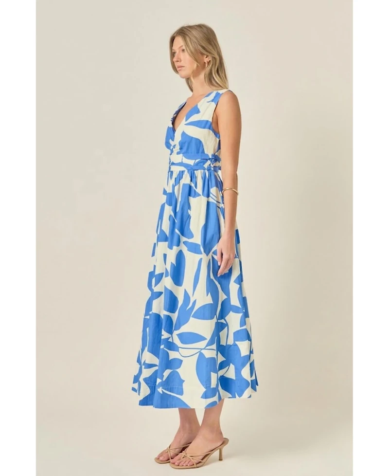 English Factory Women's Puff Sleeve Print Ruched Midi Dress