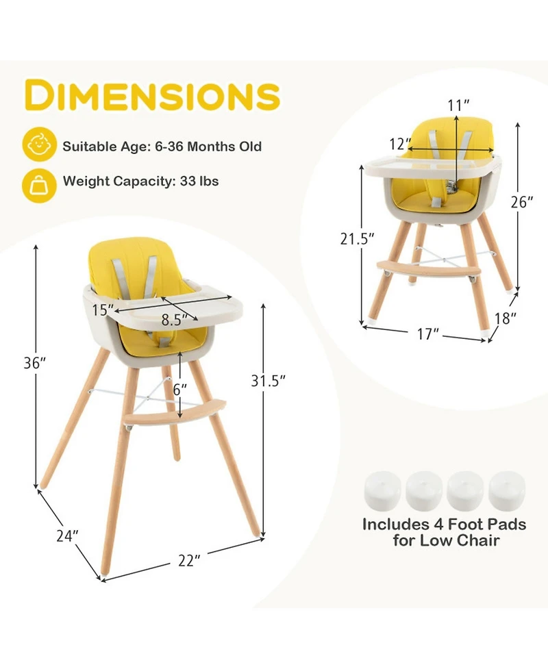 Gouun Baby 3-in-1 Convertible Wooden High Chair with Adjustable Tray and 5-Point Harness