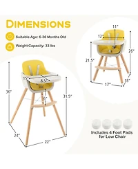 Gouun Baby 3-in-1 Convertible Wooden High Chair with Adjustable Tray and 5-Point Harness