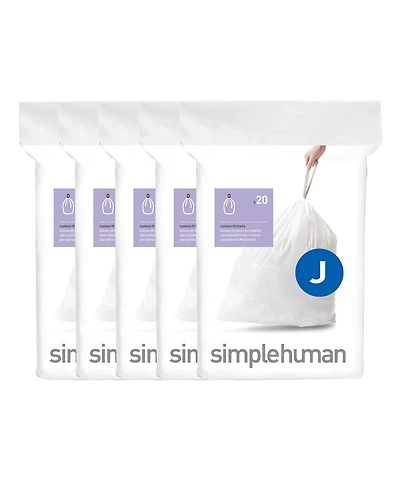 Simplehuman Code J 100pk Custom Fit Liners with 5 Quick Dispense Packs, 30-45L Kitchen Trash Bag Liners