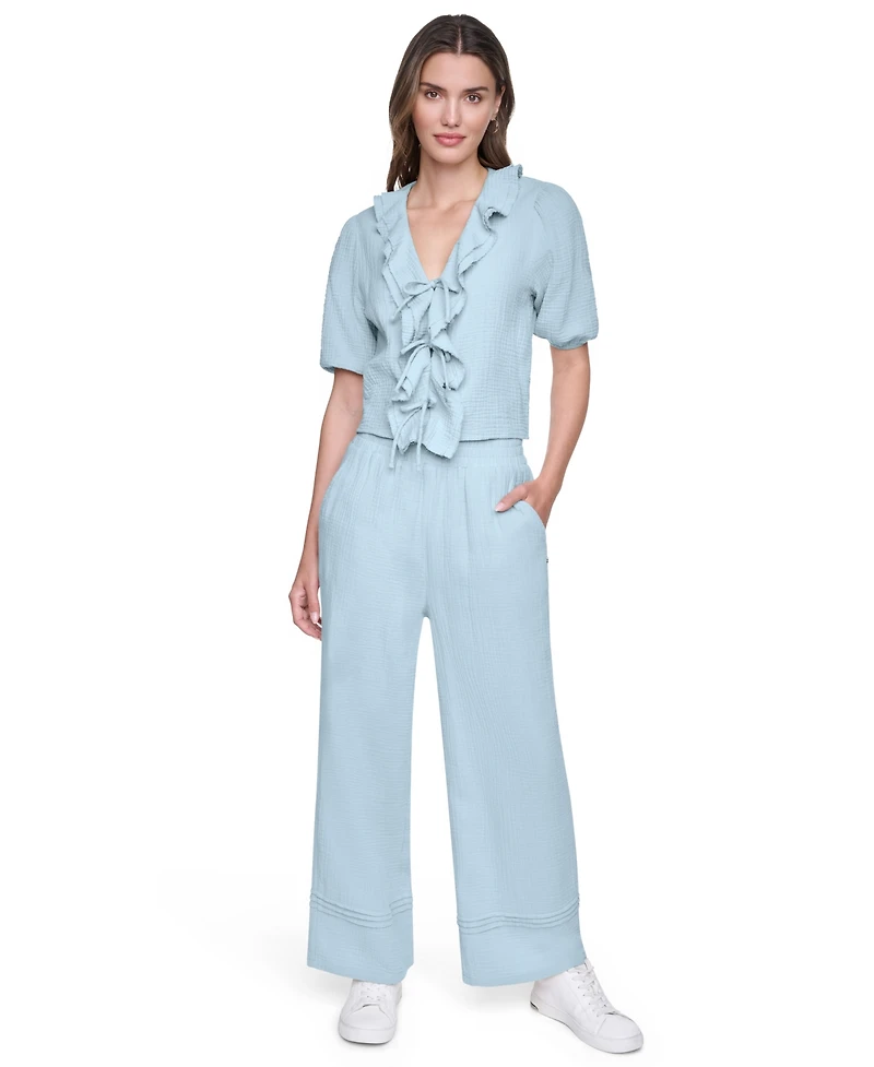 Dkny Jeans Women's V-Neck Short Puff Sleeve Tie-Front Shirt