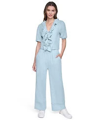 Dkny Jeans Women's V-Neck Short Puff Sleeve Tie-Front Shirt