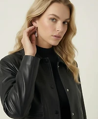 Modenaire Women's Leather Button-Front Collared Jacket