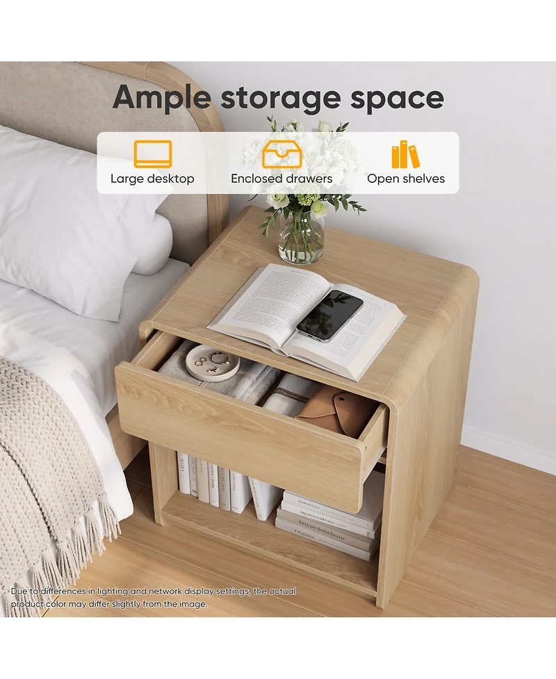 Rainsken Mid-Century Modern Nightstand Set of 2, Wooden Bedside Table with Storage Drawers, Open Shelves and Rounded Corners Design for Bedroom