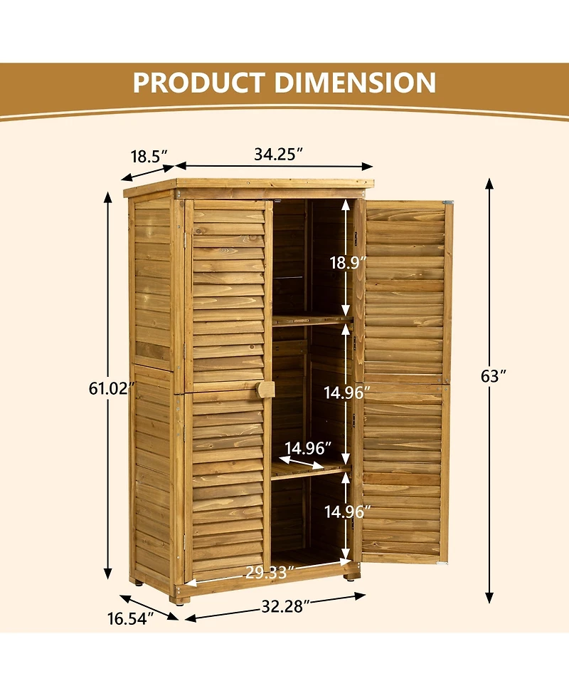 sumyeg Outdoor Storage Cabinet, Wood Garden Shed, Pool Storage Shed with Lockable Door, Waterproof Roof and 2 Removable Shelves