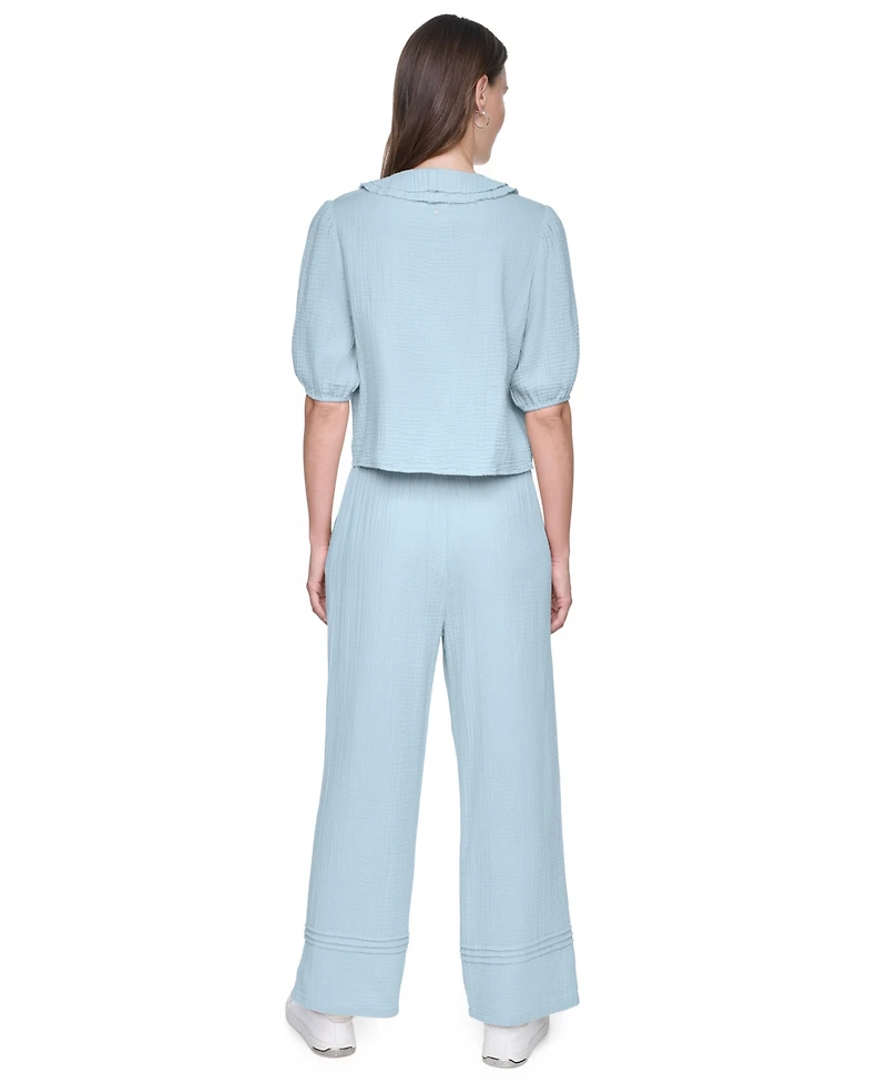 Dkny Jeans Petite Puff Short-Sleeve Tie Front V-Neck Shirt